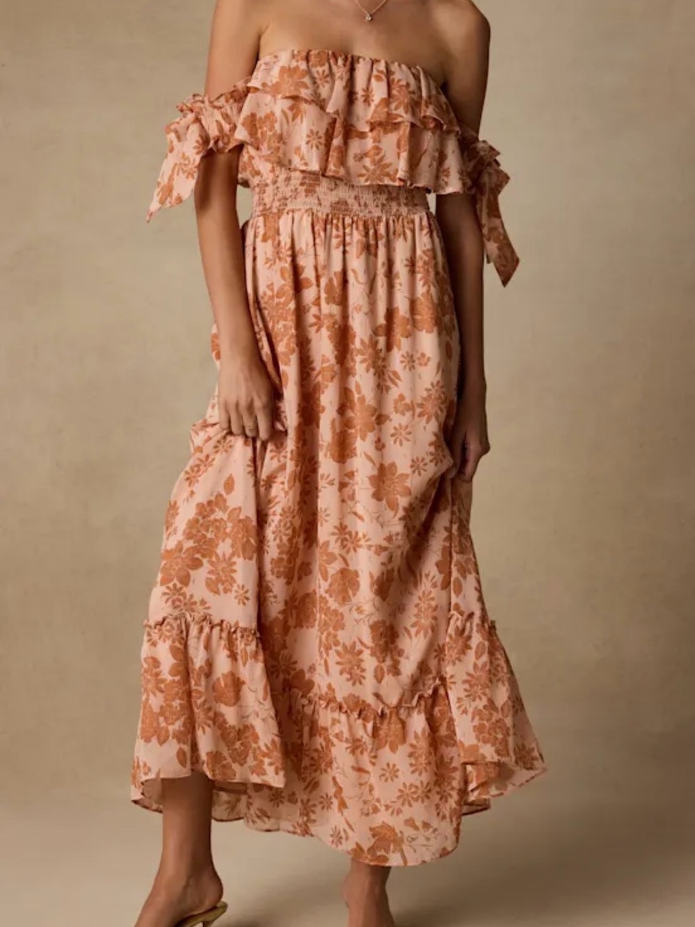 Floral Ruffle Maxi Dress in Pink & Brown Like New